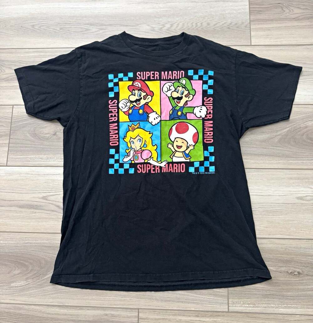 Super Mario Nintendo 2023 Graphic Tee Mario Luigi Peach Toad Black Checkered